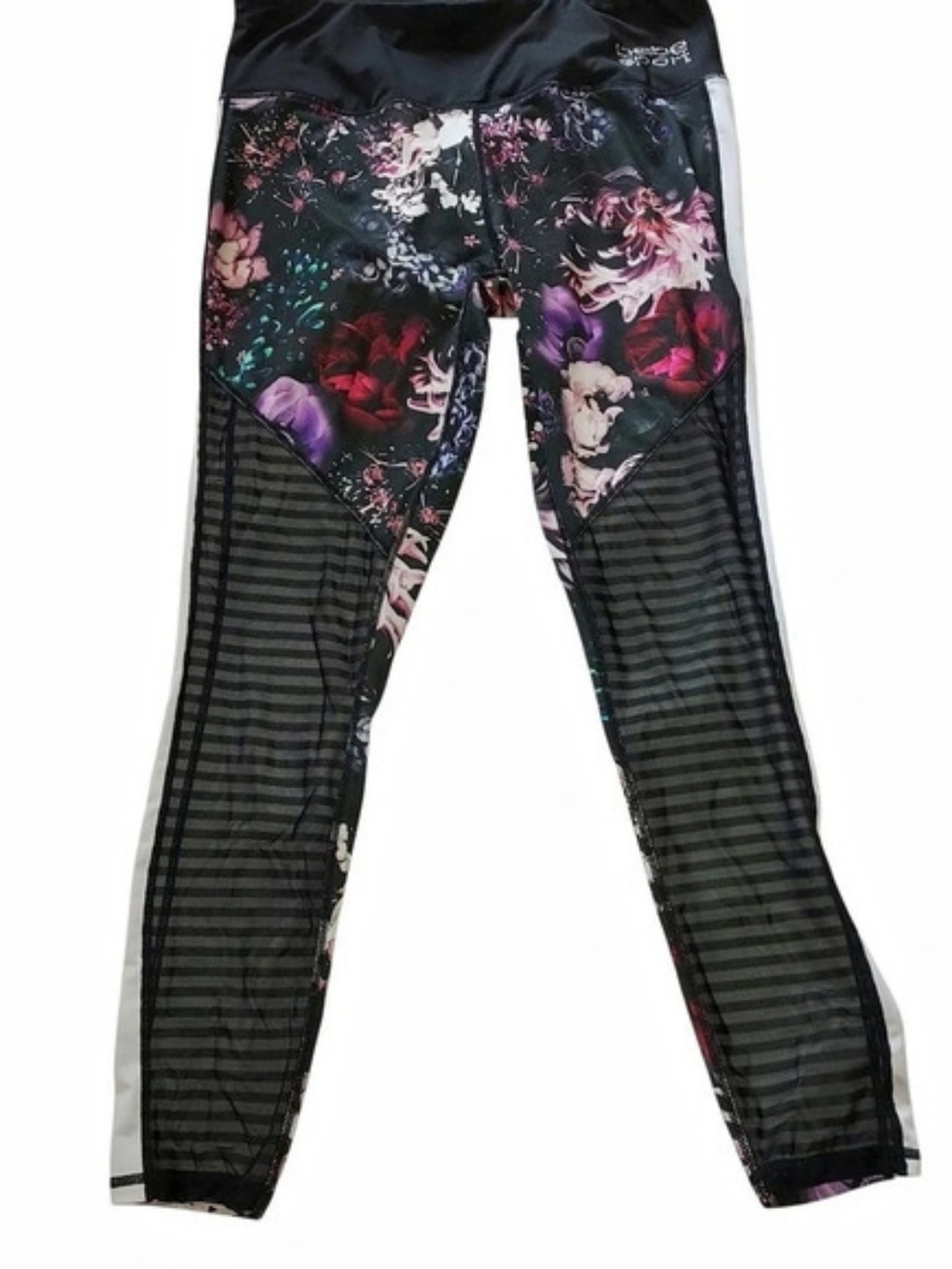 bebe Sport Floral Mesh Panel Leggings in Black & Purple Size Large